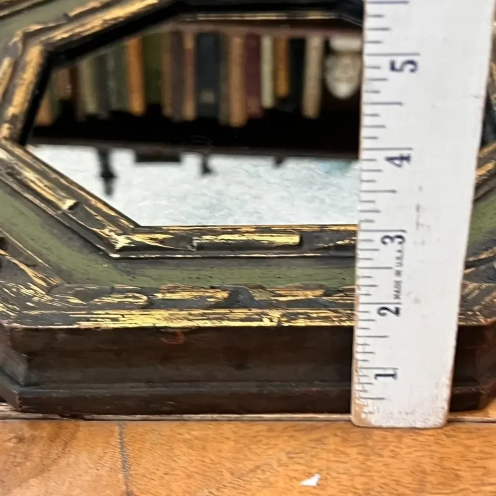 Vintage Octagon Green Wooden Framed Mirror Antiqued Distressed Finish